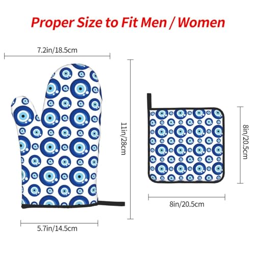 Blue Evil Eyes Oven Mitts and Pot Holders Sets of 3 Funny Hot Pads Heat Resistant Non Slip Washable for Cooking Grilling Baking BBQ Kitchen Decor (Blue)