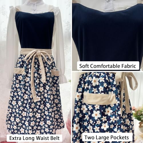 Pinafore Apron Dress for Women Adjustable Flower Work Aprons for Kitchen Cooking Baking Gardening with Pockets (Navy)