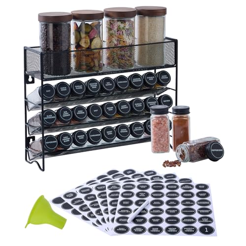 Spice Rack Organizer with 27 Spice Jars with Black Lids (4.7"D x 16.5"W x 12.6"H)