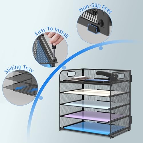 2 Pack 5 Tier Desk Organizer with Handle Mesh Desk File (Black)