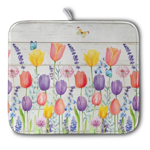Tulip Floral Dish Drying Mat for Kitchen Counter Watercolor Spring Flower Dish Mat Absorbent Microfiber Dish Draining Mat Reversible Heat Resistant Dishes Pad Large 16 x 18 Inch (Spring Tulip Colorful / 16" x 18")