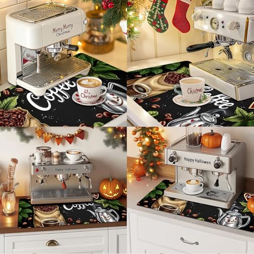 Dish Drying Mat Large Coffee Mat Absorbent Drying Mat for Kitchen Counter Coffee Bar Accessories 32"x 17" (Coffee Leaves)