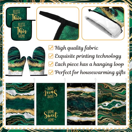 8 Pcs Green and Gold Marble Kitchen Towels and Dishcloths Sets Oven Mitts and Pot Holders Absorbent Kitchen Gloves Potholders Heat Resistant for Chef Baking Cooking (Classic / Green)