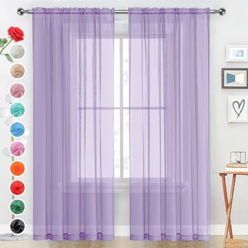 Sheer Voile Window Treatment Rod Pocket Curtain Panels for Kitchen Bedroom Living Room Drapes Sunlight Filtering Privacy Semi Home Decor Assorted (Lavender / 52"W x 45"L (Pack of 2))
