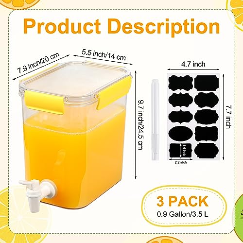 3 Set Plastic Drink Dispensers for Parties Beverage Dispenser for Fridge with Spigot Iced Juice Lemonade Container with Labels and Pens Summer Party Supplies (0.92 Gallon / Yellow)