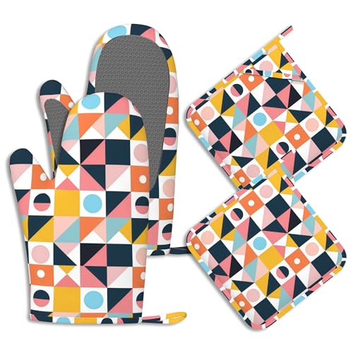 Oven Mitts and Pot Holders Sets Abstract Geometric Silicone Kitchen Mits Potholders Colorful Modern Art Heat Resistant 4Pcs Oven Gloves Hot Pads for Baking Cooking BBQ Grilling Home Decor (Abstract Geometric,colorful Modern Art)