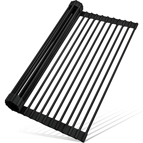 Roll Up Over The Sink Dish Drying Rack Silicone Wrapped Foldable (Rectangle-black / Rectangle: 17.5" x 11")