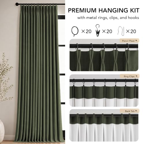 Pinch Pleated 100% Blackout Linen Curtains for Bedroom 108 Inch (Loden/Linen 100% Blackout / 40"W x 108"L (Pack of 2))