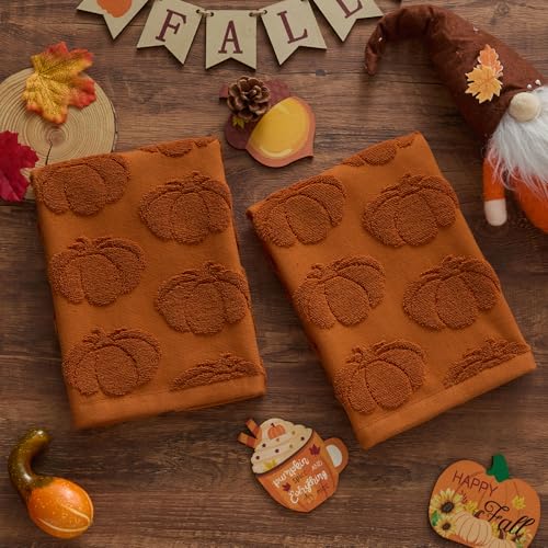 Fall Hand Towels 13.7x29.5 inch Set of 2 Autumn Thanksgiving 3D Rust Pumpkin Reversible Soft Absorbent Decorative Towels for Bathroom Kitchen Bar MJ03A (Rust Pumpkin / 13.7'' x 29.5'')