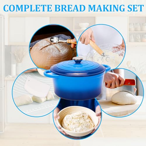 5QT Enameled Cast Iron Bread Oven with Proofing Basket for Bread Baking (Blue / 5 QT (Bread Pan))