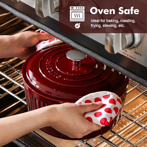 6.5QT Enameled Cast Iron Dutch Oven Pot with Lid&Cotton Potholders (Burgundy Red / 6.5 Quarts)