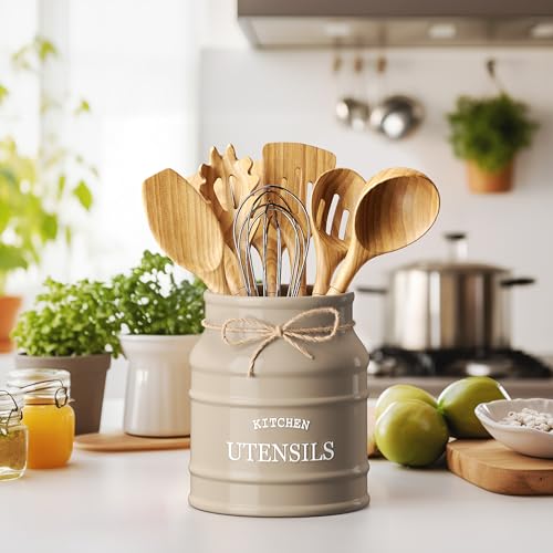 Ceramic Kitchen Utensil Holder Countertop 6.75″ (Taupe)