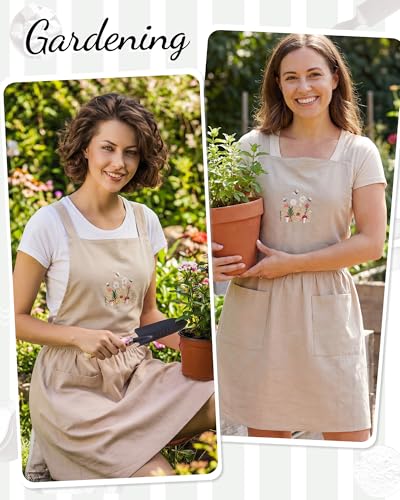 Pinafore Kitchen Women Apron Dress with Pockets Embroidery Chef Cotton Linen Apron for Women Kitchen Cooking Garden (Beige)