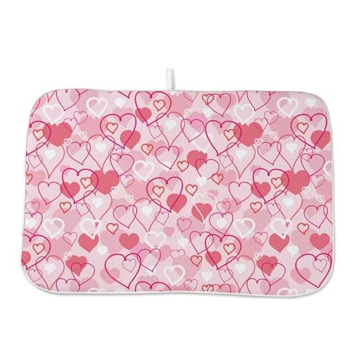Valentines Day Dish Drying Mat 18 x 24 inch Pink Love Hearts Decorative Drying Mats Microfiber Absorbent Romantic Dish Washable Draining Mat for Kitchen Counter Decor (18x24 Inch / Pink Love Hearts)