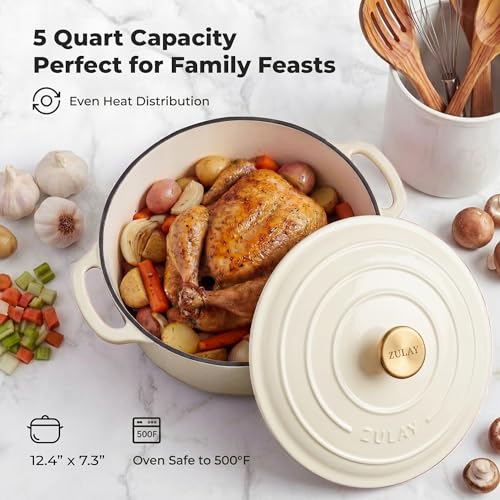 5 Quart Enameled Cast Iron Dutch Oven Pot with Lid (Ivory / 5 Quart)
