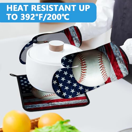American Flag Baseball Oven Mitts and Pot Holders Sets Heat Resistant 4Pcs Potholders Oven Gloves Hot Pads for Kitchen Baking Cooking Grilling BBQ (American Flag Baseball)