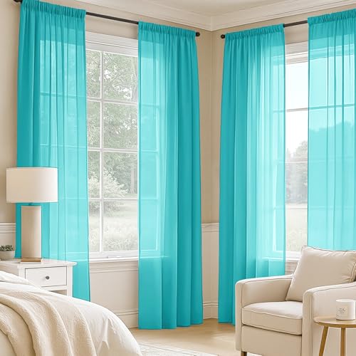 Turquoise Sheer Curtains 90 Inches Long 4 Panels 42 x 90 Inches (42"W x 90"L (Pack of 4) / Turquoise)