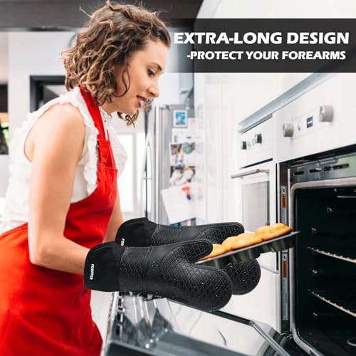Extra Long Silicone Oven Mitts (Black / 15''-2pcs)