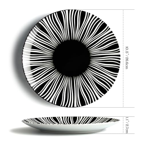 Black and White Striped Ceramic Plates Set of 6 (Black plates with white stripes / 10 inch)