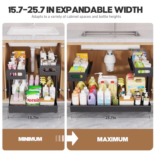 1 Pack-16"-26"W Expandable Under Sink Organizer With Upgrade Ball-Bearing Slide,2-Tier Pull Out Under Cabinet Organizer Height Adjustable,Not Suitable For Cabinets With Partitions In The Middle (1 Pack-16"-26"W / Black)