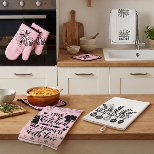 8 Pcs Kitchen Towels and Oven Mitts Sets Pot Holders Dishcloths Set Kitchen Decorative Accessories Absorbent Potholders Heat Resistant for Chef Baking Cooking (Pink and White / Exquisite)