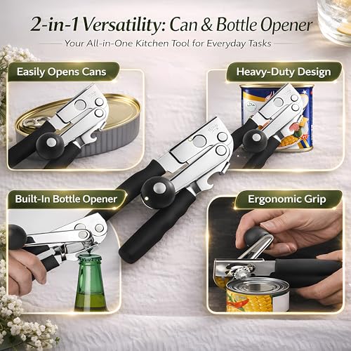 Heavy Duty Manual Can Opener for Seniors & Adults with Magnetic Lid Lifter (Black)