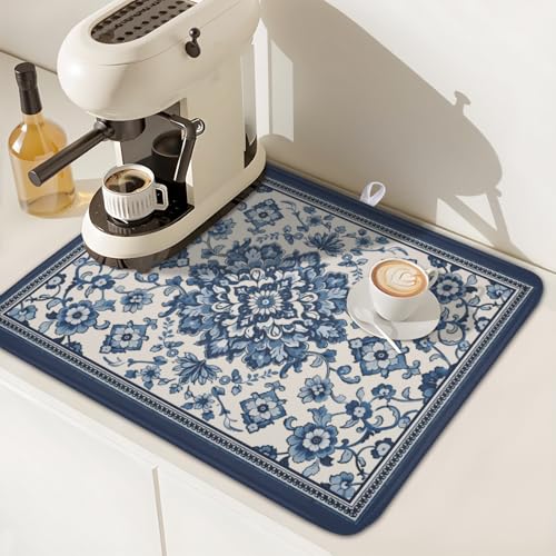 Blue Floral Dish Drying Mat for Kitchen Counter Vintage Flower Pattern Microfiber Dish Drainer Mat Rustic Farmhouse Absorbent Washable Drying Pad Extra Large 16"x18" (Vintage Blue Floral / 18" x 16")