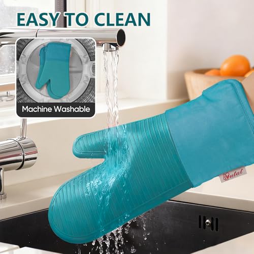 Silicone Oven Mitts (2PCS-13"L x 7"W/GREEN-Striped Surface)