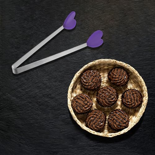 Mini Food Tongs 5.3" Heart Shape Stainless Steel with Silicon Tips Small Cooking Tongs Kitchen Food Tongs Serving Tongs for Cooking Grilling BBQ Barbecue Kitchen (Purple)