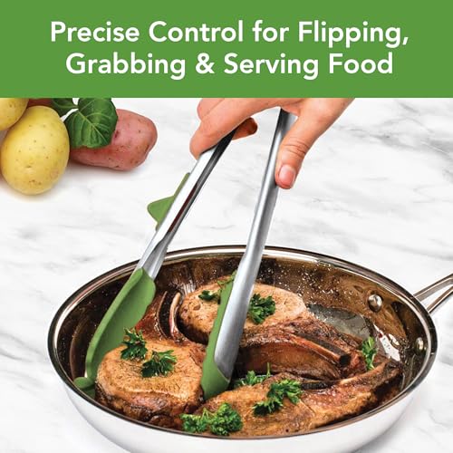 Tongs With Silicone Tips Easy Grip 13” Long Kitchen Tongs Stainless Steel Handle For Cooking (Pesto)