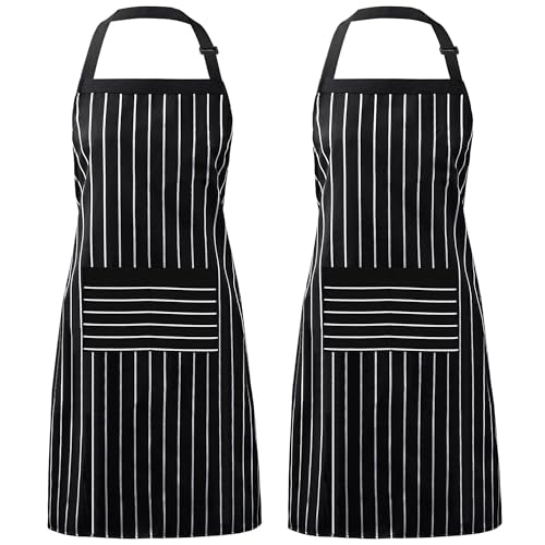 2 Pack Adjustable Bib Apron with 3 Pockets Cooking Kitchen Aprons for Women Men Chef (Stripe Black Bold / 2 Polyester)
