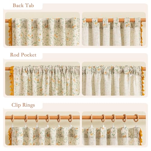 Floral Boho Linen Curtains 84 Inch Long 2 Panels Set with Yellow Tassels Farmhouse Vintage Semi Sheer Bohemian Living Room Bedroom Window Curtains Rustic Country Back Tab (Yellow and Green / 50"W x 84"L (Pack of 2))