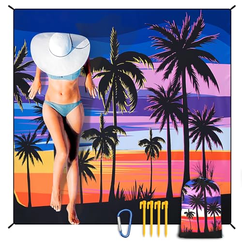 Waterproof Sandproof Beach Blanket Mat for 1 (79" X 83"（1~3 person） / Coconut Tree - Colorful)