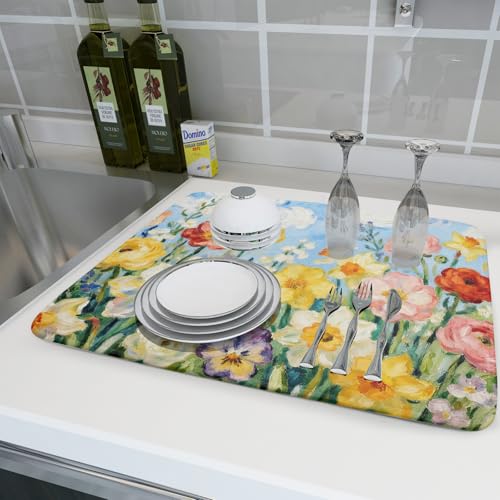 Spring Floral Dish Drying Mat for Kitchen Counter 18x24 Yellow Pink Narcissus Flower Seasonal Themed Summer Absorbent Reversible Microfiber Drying Mats Kitchen Countertop Protector Dishes Drainer Pad (18" x 24")