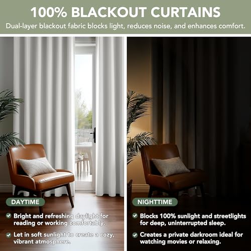 100% Blackout Linen Curtains for Bedroom Living Room 84 Inch Long (Cream/100% Blackout / 52"W x 84"L (Pack of 2))