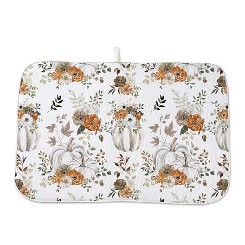 Fall Dish Drying Mat 18 x 24 inch Thanksgiving Autumn Watercolor Pumpkin Maple Leaves Decorative Drying Mats Microfiber Absorbent Dish Washable Draining Mat for Kitchen Counter Decor (18" x 18" / Watercolor Pumpkin)