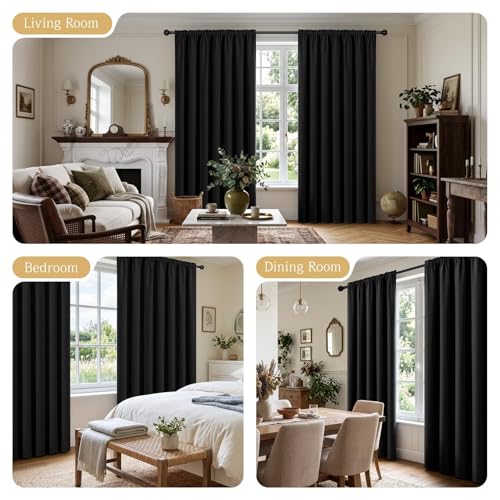 Black Blackout Curtains for Bedroom W52xL72 inch 2 Panels Rod Pocket (Black / 52"W x 72"L (Pack of 2))
