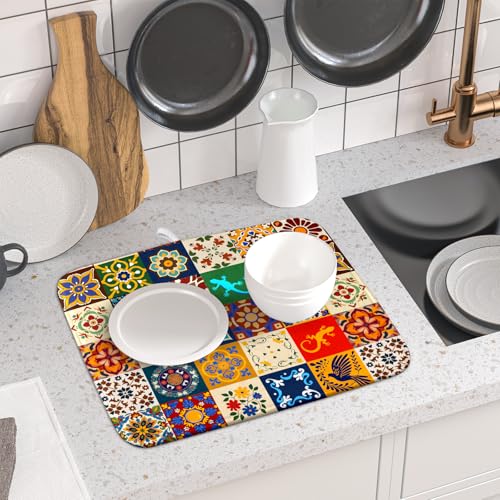 Mexican Tile Dish Drying Mat 16"x18" Talavera Boho Floral Print Dish Drainer Mats Rustic Ethnic Traditional Reversible Small Dish Drying Pad Protector for Kitchen Countertop Decor (18" x 16")