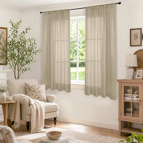 Camel Linen Curtains 48 Inches Long for Short Bedroom (Camel / 42"W x 48"L (Pack of 2))
