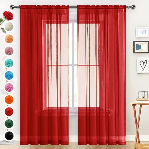 Sheer Voile Window Treatment Rod Pocket Curtain Panels for Kitchen Bedroom Living Room Drapes Sunlight Filtering Privacy Semi Home Decor Assorted Colors Sizes (Christmas Red / 52"W x 54"L (Pack of 2))