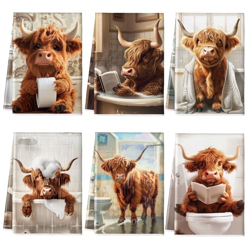 6 Highland Cow Kitchen Towels with Hanging Loop (Bathroom)