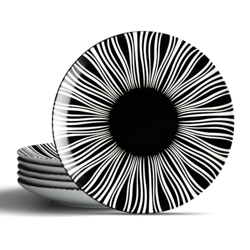 Black and White Striped Ceramic Plates Set of 6 (Black plates with white stripes / 6 inch)