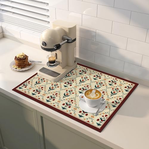 Coffee Mat Dish Drying Mat Hide Stain High Absorbent Bar Mat for Countertops Easy Clean (Vintage Small Flowers / 19" x 12")