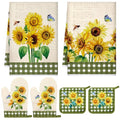 6 Retro Sunflower Kitchen Towels Oven Mitts and Pot Holders Sets (Yellow / Novelty Sunflower)