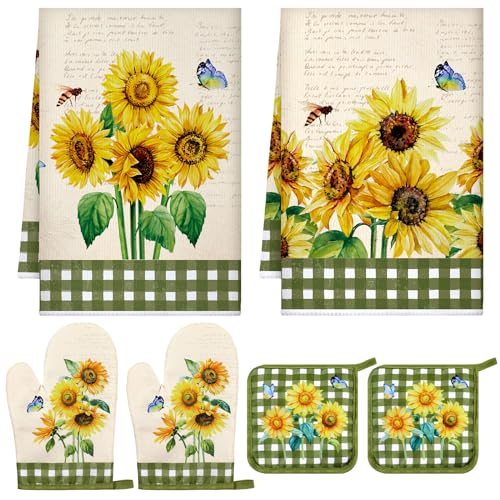 6 Retro Sunflower Kitchen Towels Oven Mitts and Pot Holders Sets (Yellow / Novelty Sunflower)
