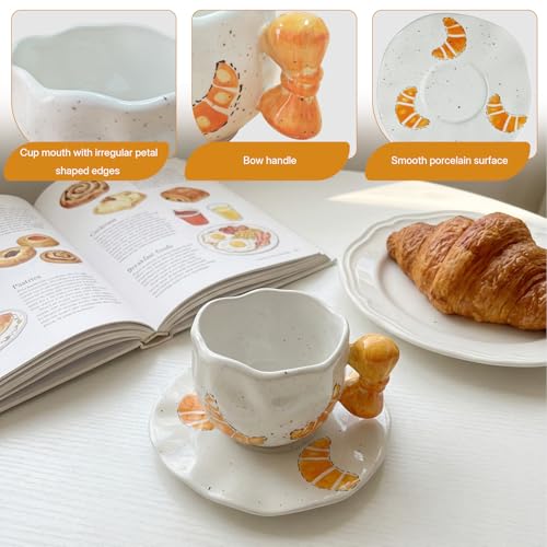 Cute Mug with Saucer Croissant bow Handle Ceramic Coffee Cup Set 10oz (Croissant bow)