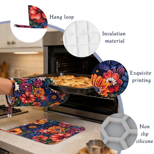 Colourful Flowers Potholders & Oven Mitts Sets Spring Floral Silicone Heat Resistant Oven Mits and Hot Pads Non (Colourful Flowers,spring Floral)