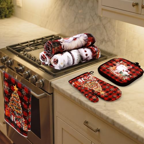 12 Pcs Christmas Kitchen Accessories Set Red Black Check Style (Red and Black Stripes)