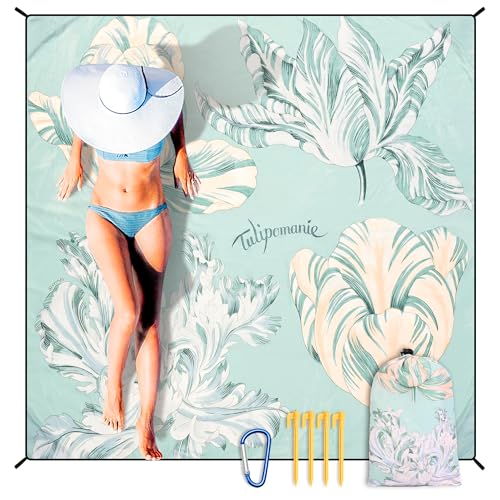 Waterproof Sandproof Beach Blanket Mat for 1 (79" X 83"（1~3 person） / Elegant Plain Green Floral)