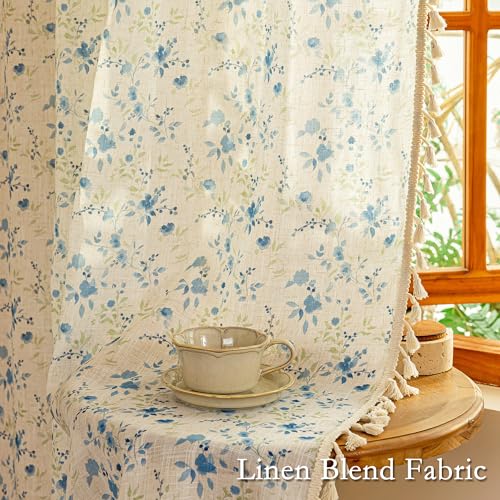 Blue Floral Semi Sheer Boho Linen Curtains 63 Inch Length 2 Panels for Living Room Bedroom Light Filtering Spring Vintage Farmhouse French Tassels Back Tab Drapes (Blue and Green / 50"W x 63"L (Pack of 2))